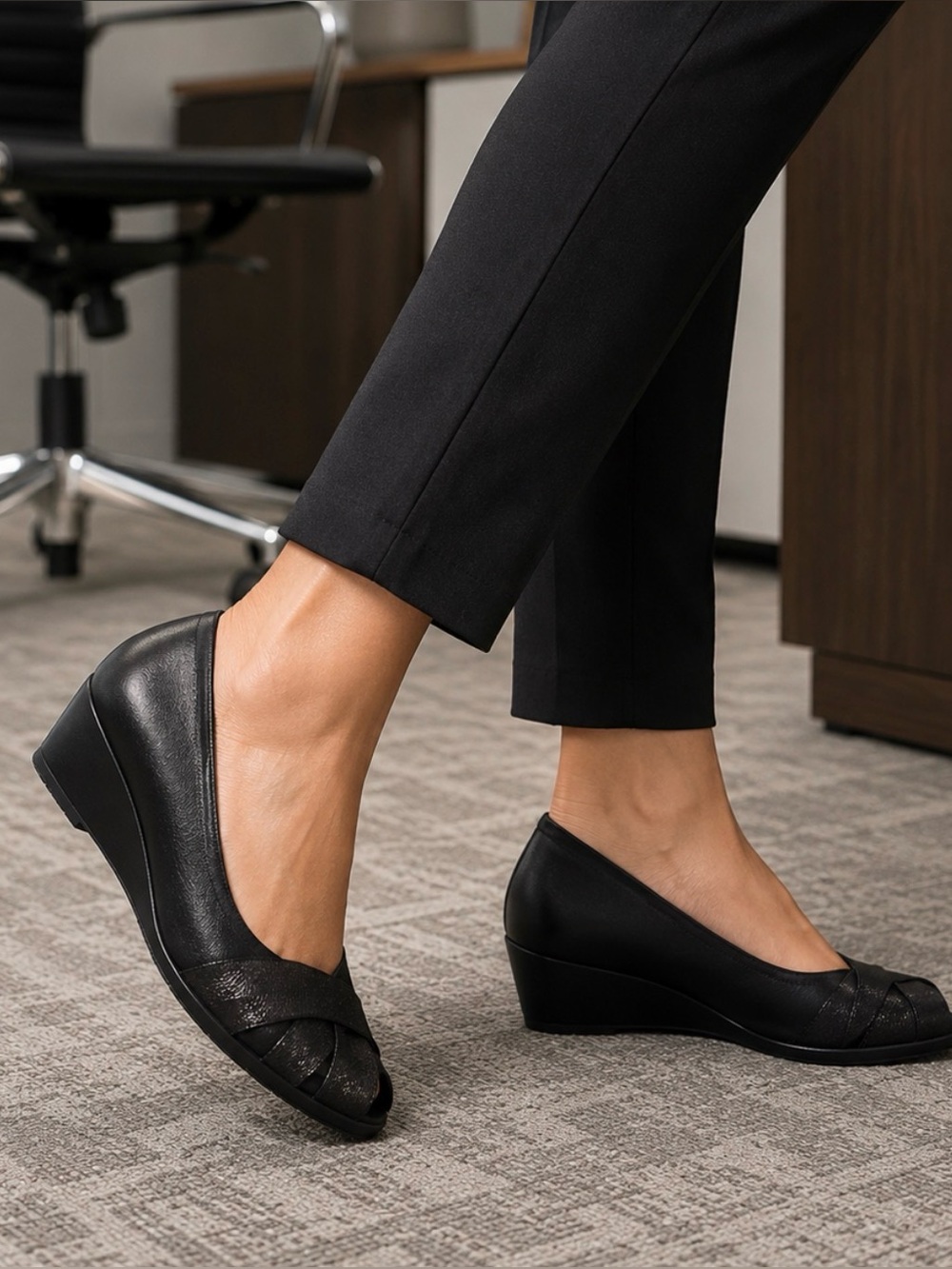 Anne Klein AK Sport Black Wedge Pumps | Patent Stretch Comfort Heels